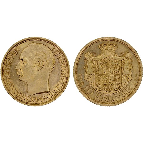 DENMARK: Frederik VIII, 1906-1912, AV 10 kroner, 1908, Choice UNC