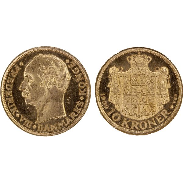 DENMARK: Frederik VIII, 1906-1912, AV 10 kroner, 1909, NGC MS63