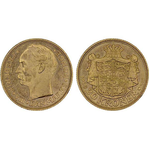 DENMARK: Frederik VIII, 1906-1912, AV 20 kroner, 1908, AU