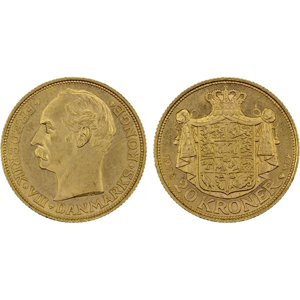 DENMARK: Frederik VIII, 1906-1912, AV 20 kroner, 1912, UNC