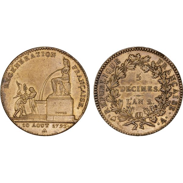 FRANCE: Convention, 1792-1795, AE 5 décimes, 1793-A, AU