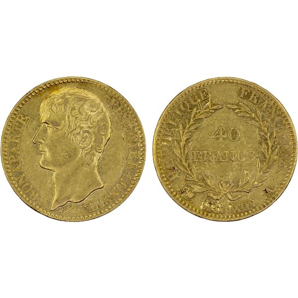FRANCE: Napoleon, as First Consul, 1799-1804, AV 40 francs, AN XI-A, XF