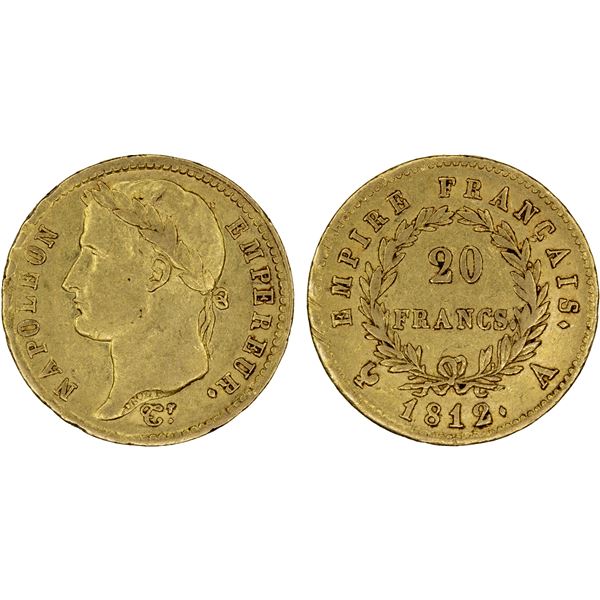 FRANCE: Napoleon I, Emperor, 1804-1814, AV 20 francs, 1812-A, About XF