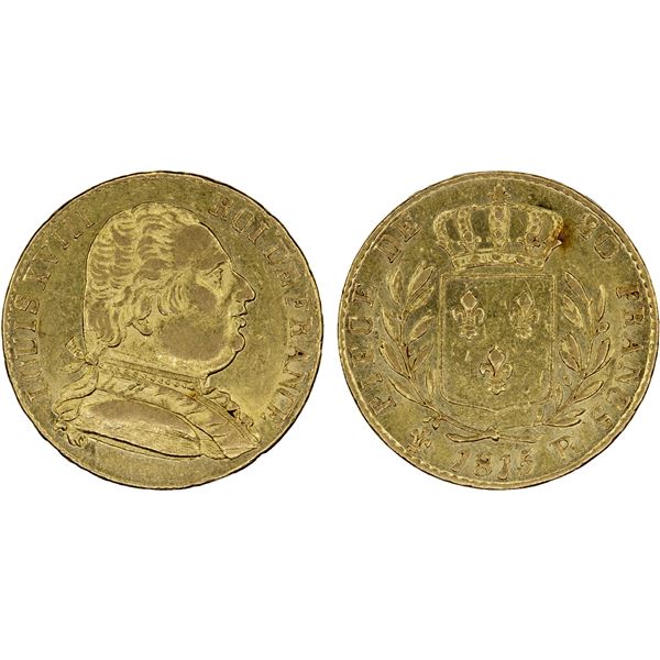 FRANCE: Louis XVIII, 1814-1824, AV 20 francs, 1815-R, AU