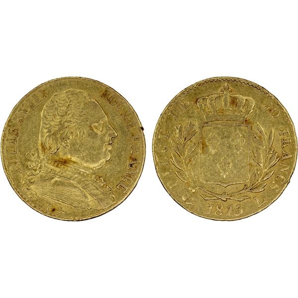 FRANCE: Louis XVIII, 1814-1824, AV 20 francs, 1815-L, About XF