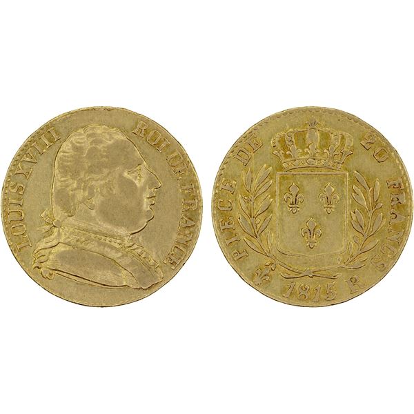 FRANCE: Louis XVIII, 1814-1815, AV 20 francs, 1815-R, Choice VF