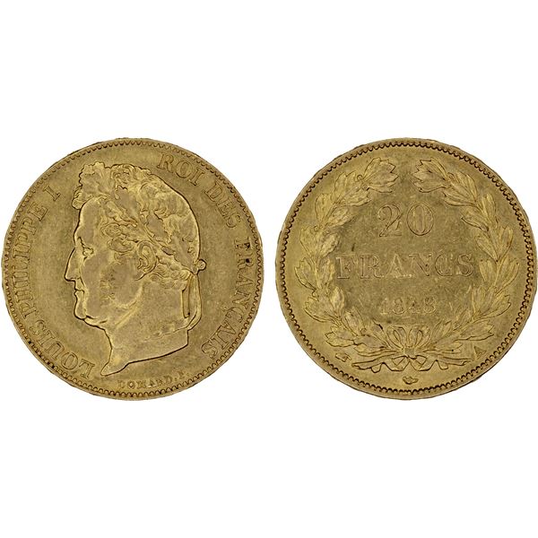 FRANCE: Louis Philippe I, 1830-1848, AV 20 francs, 1848-A, XF