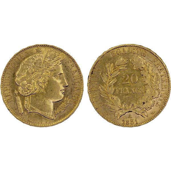 FRANCE: Republic, AV 20 francs, 1851-A, XF-AU