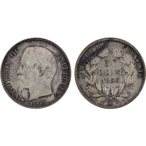 FRANCE: Napoleon III, 1852-1870, AR 50 centimes, 1859-A, UNC