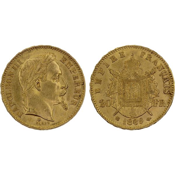 FRANCE: Napoleon III, 1852-1870, AV 20 francs, 1869-BB, XF-AU