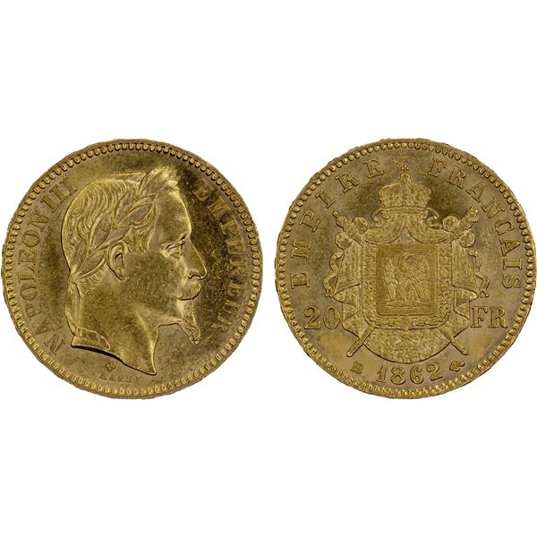 FRANCE: Napoleon III, 1852-1870, AV 20 francs, 1862-BB, UNC