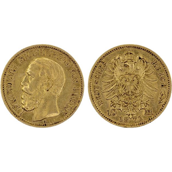 BADEN: Friedrich I, 1856-1907, AV 10 marks, 1872-G, XF