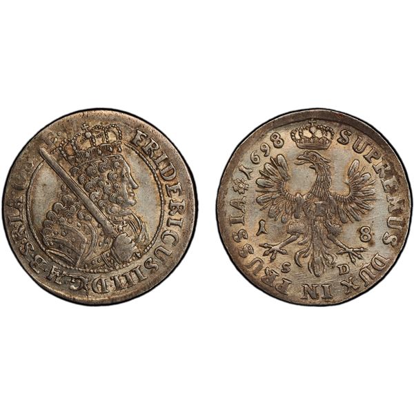 BRANDENBURG-PRUSSIA: Friedrich III, 1688-1701, AR 18 gröscher, Königsberg, 1698, PCGS MS62