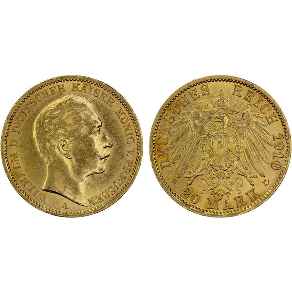 PRUSSIA: Wilhelm II, 1888-1918, AV 20 mark, 1910-A, UNC