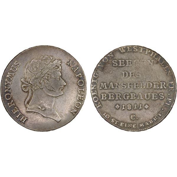 WESTPHALIA: Jerome Napoleon, 1807-1813, AR thaler, Cassel, 1811-C, VF