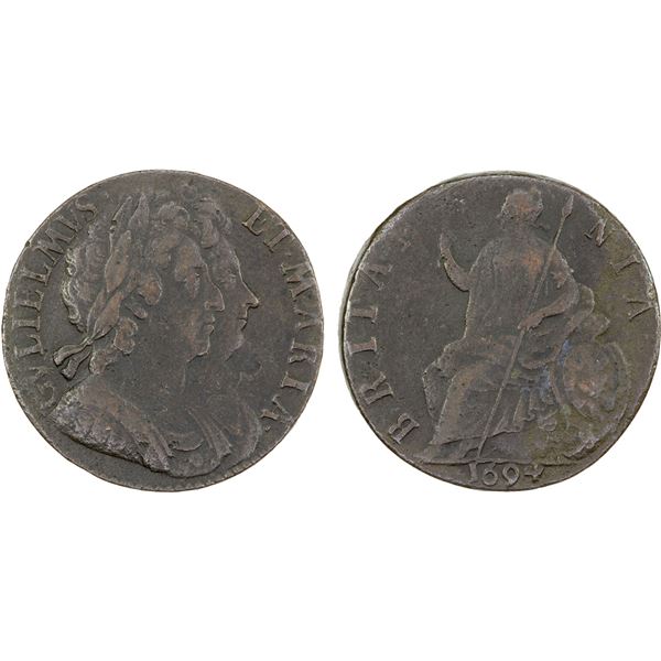 ENGLAND: William & Mary, 1689-1694, AE 1/2 penny, 1694