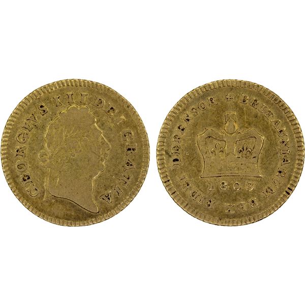 GREAT BRITAIN: George III, 1760-1820, AV 1/3 guinea, 1803, About VF