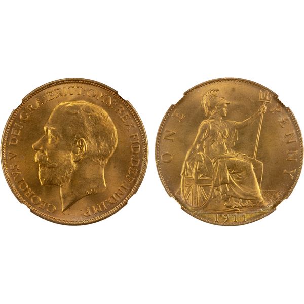 GREAT BRITAIN: George V, 1910-1936, AE penny, 1911, NGC MS66 RD