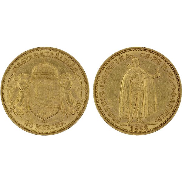 HUNGARY: Franz Josef I, 1848-1916, AV 20 korona, 1902, AU
