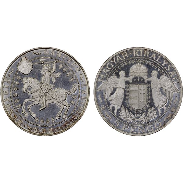 HUNGARY: Artex Restrikes, ca. 1960's, AR 5 pengo, 1929-BP UP, Choice Proof