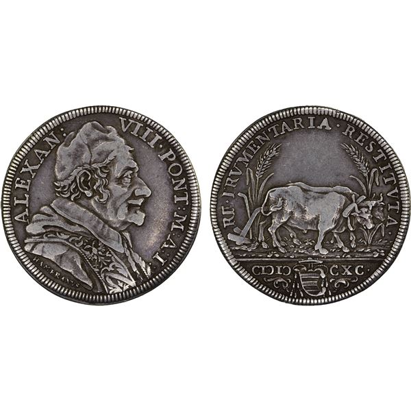 PAPAL STATES: Alexander VIII, 1689-1691, AR testone, 1690, VF