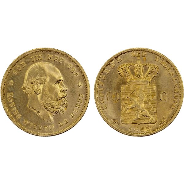 NETHERLANDS: Willem III, 1849-1890, AV 10 gulden, 1889, Choice UNC