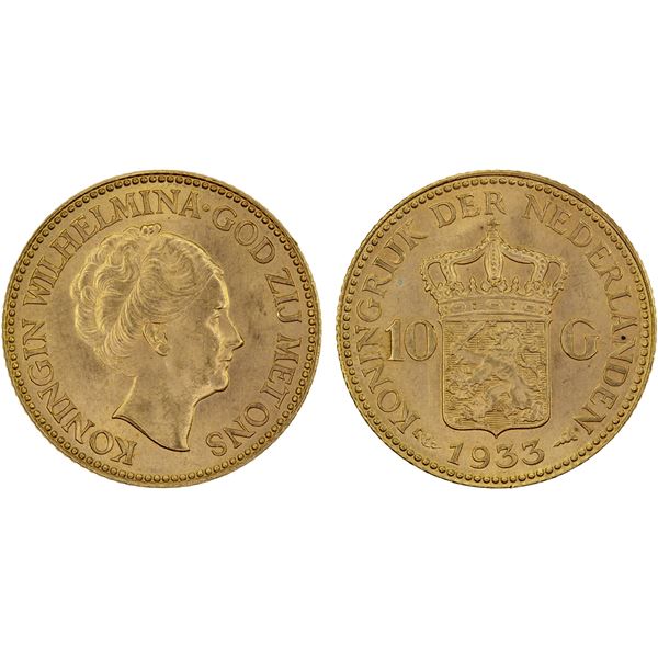 NETHERLANDS: Wilhelmina, 1890-1948, AV 10 gulden, 1933, Choice UNC