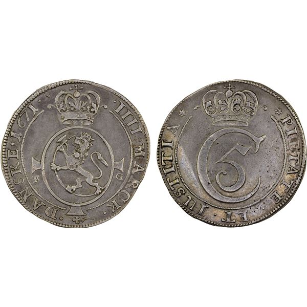 NORWAY: Christian V, 1670-1699, AR 4 mark (21.07g), 1671, VF-XF