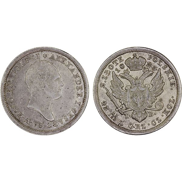 POLAND: Alexander I, 1815-1825, AR 2 zlote, 1823, AU