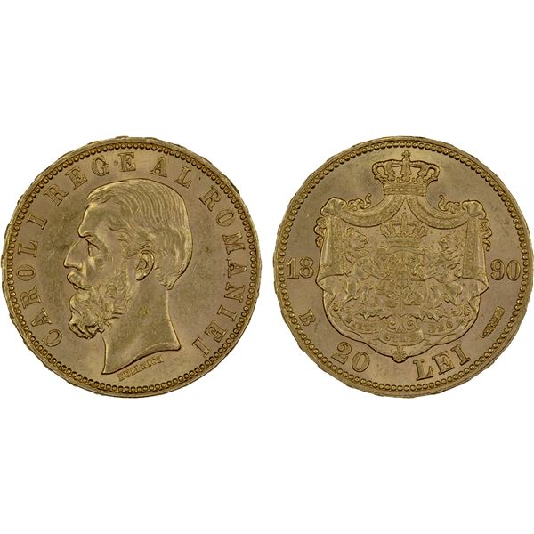 ROMANIA: Carol I, as King, 1881-1914, AV 20 lei, 1890-B, AU