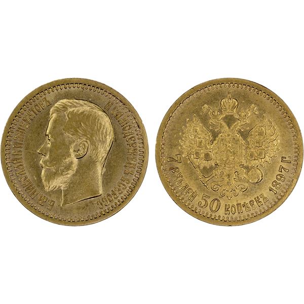 RUSSIA: Nicholas II, 1894-1917, AV 7 roubles 50 kopecks, 1897, AU