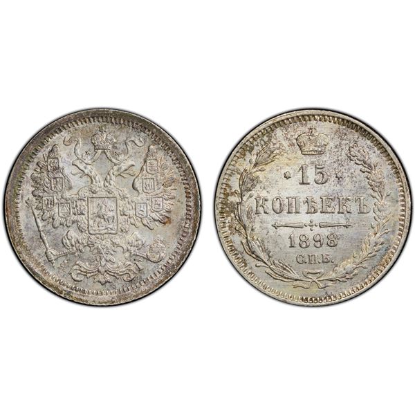 RUSSIA: Nicholas II, 1894-1917, AR 15 kopeks, 1898, PCGS MS65