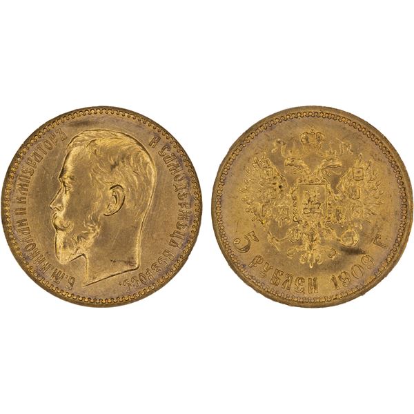 RUSSIA: Nicholas II, 1894-1917, AV 5 roubles, 1909, NGC MS65