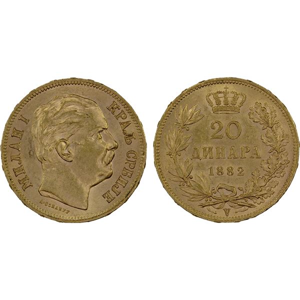SERBIA: Milan I, 1882-1889, AV dinara, 1882, UNC