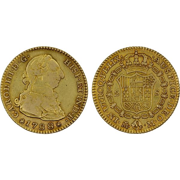 SPAIN: Carlos III, 1759-1788, AV 2 escudos (6.71g), 1788, VF-XF