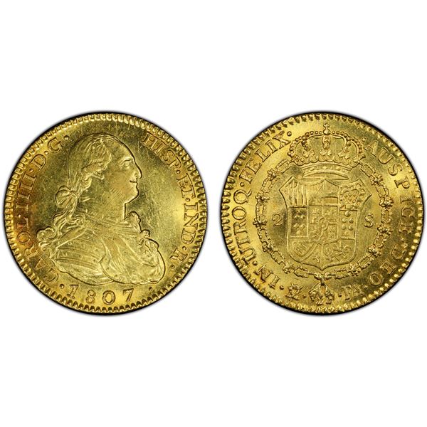 SPAIN: Carlos IIII, 1788-1808, AV 2 escudos, Madrid, 1807, PCGS MS62