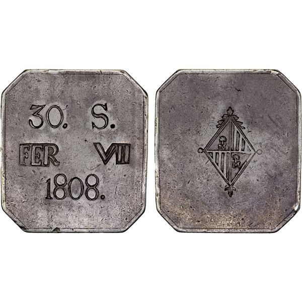 SPAIN: MAJORCA: Ferdinand VII, First Reign, 1808, AR 30 sous (26.76g), 1808, XF