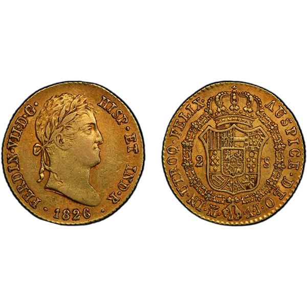 SPAIN: Fernando VII, 2nd reign, 1813-1833, AV 2 escudos, 1826-M, PCGS AU50