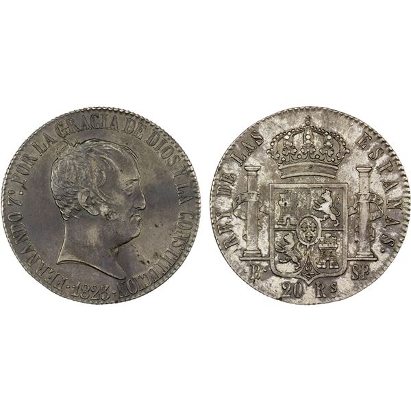 SPAIN: Fernando VII, 2nd reign, 1813-1833, AR 20 reales, 1823-B, Choice VF