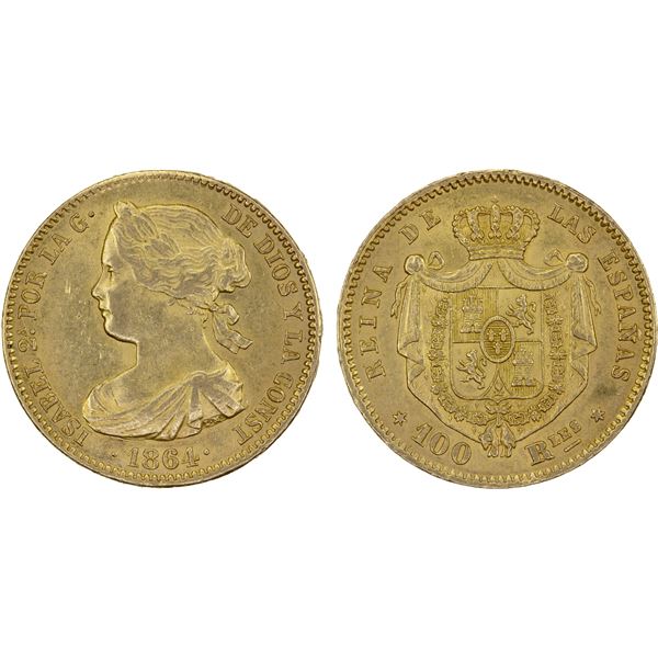 SPAIN: Isabel II, 1833-1868, AV 100 reales, Madrid, 1864, XF-AU