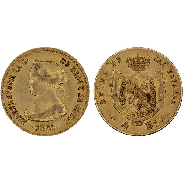 SPAIN: Isabel II, 1833-1868, AV 4 escudos, Madrid, 1865, XF