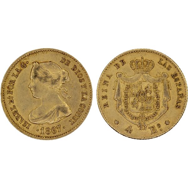SPAIN: Isabel II, 1833-1868, AV 4 escudos, Madrid, 1867, VF-XF