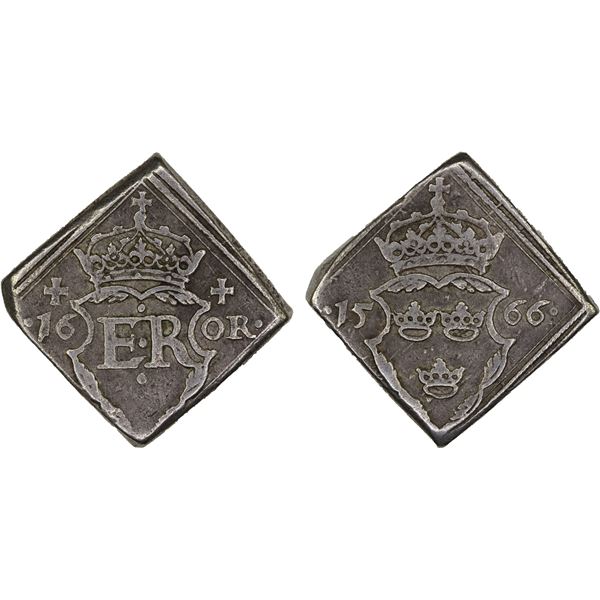 SWEDEN: Erik XIV, 1560-1568, AR 16 öre klippe (23.66g), 1566, VF