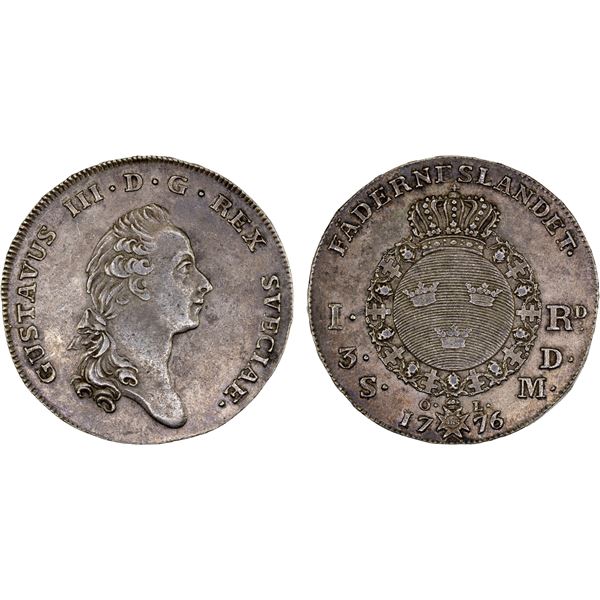 SWEDEN: Gustaf III, 1771-1792, AR riksdaler, 1776, XF