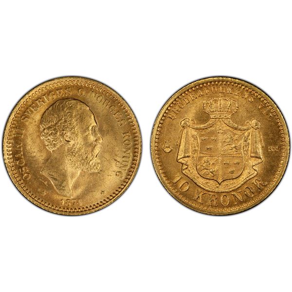 SWEDEN: Oscar II, 1872-1907, AV 10 kronor, 1874, PCGS MS65