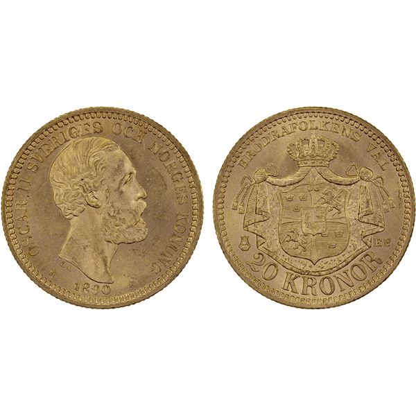SWEDEN: Oscar II, 1872-1907, AV 20 kronor, 1890, Choice UNC