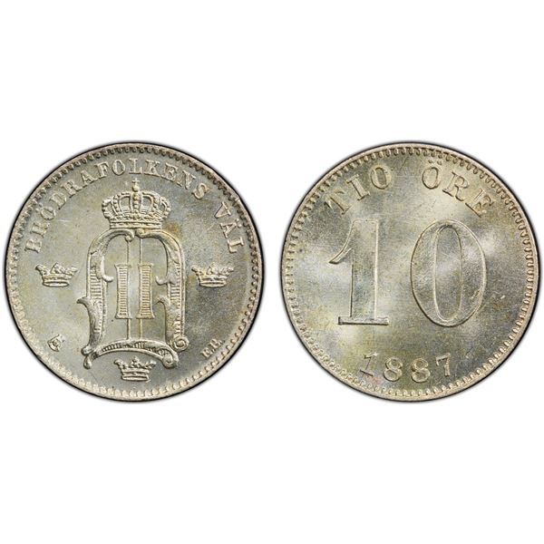 SWEDEN: Oscar II, 1872-1907, AR 10 öre, 1887, PCGS MS66