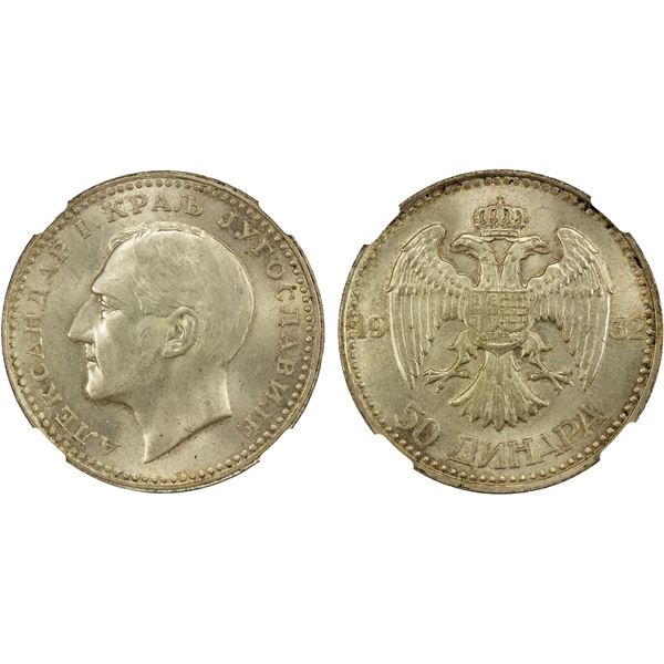 YUGOSLAVIA: Alexander I, 1921-1934, AR 50 dinara, 1932(l), NGC MS64