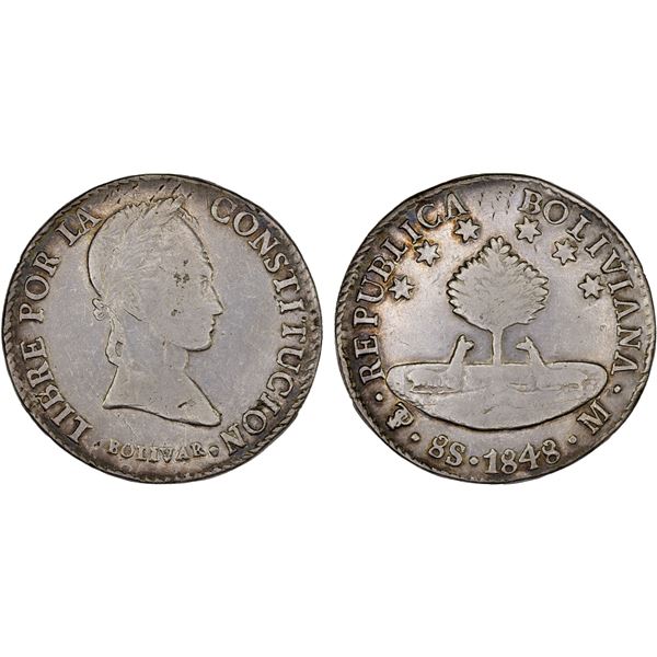 BOLIVIA: Republic, AR 8 soles, 1848, About VF