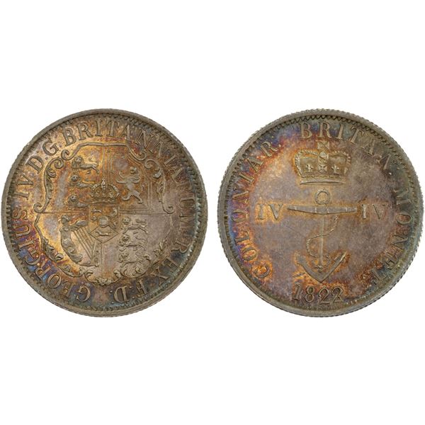 BRITISH WEST INDIES: George IV, 1820-1830, AR 1/4 dollar, 1822/1, UNC